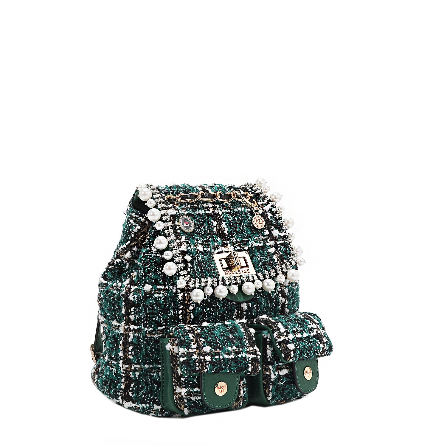 Tweed Pearl and Diamond Rhinestone Mini Flap Backpack, Chain Link Straps – Nicole Lee Online