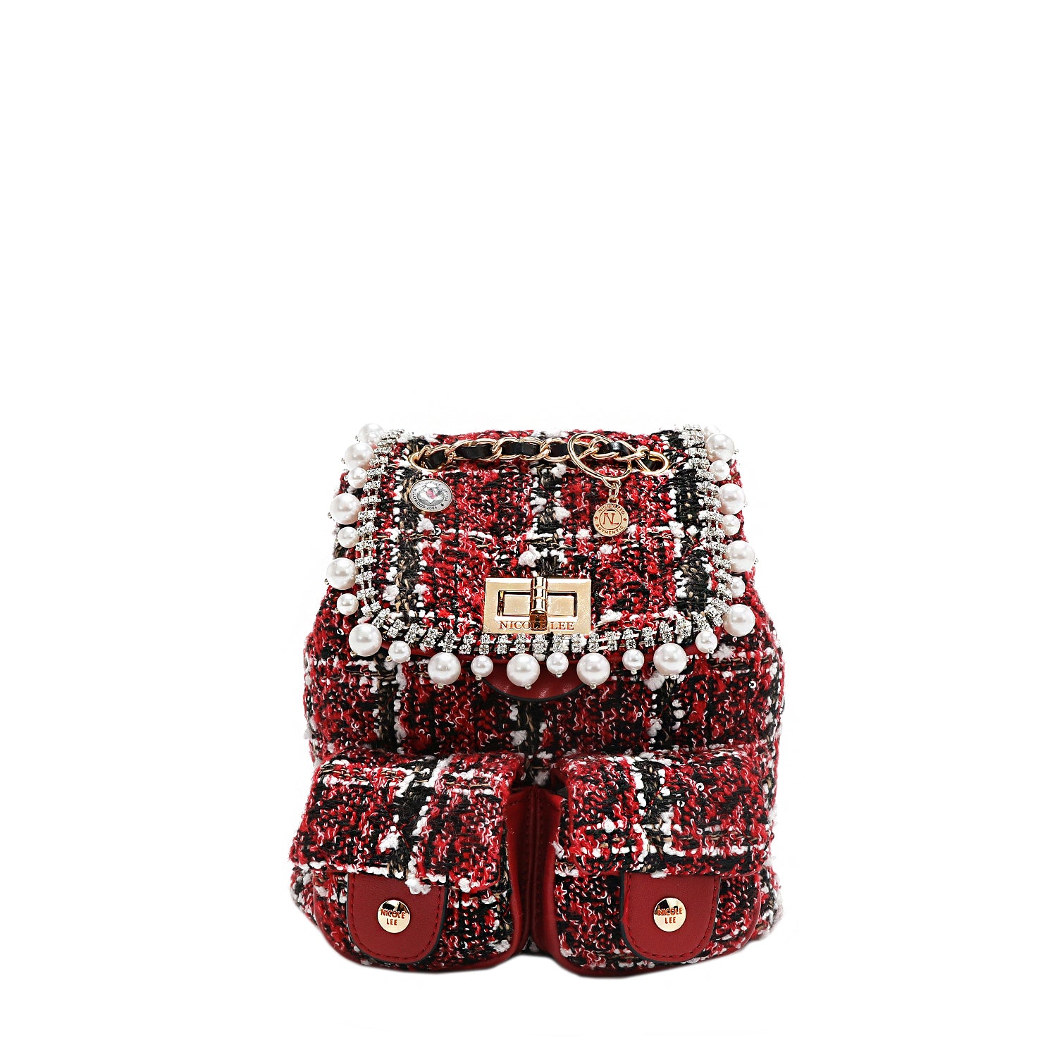 Tweed Pearl and Diamond Rhinestone Mini Flap Backpack, Chain Link Straps – Nicole Lee Online