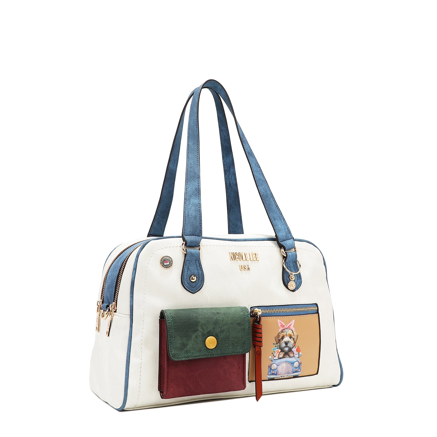 Colorblock Boston Bag with 2 Zip Compartments, Dog Print, Multiple