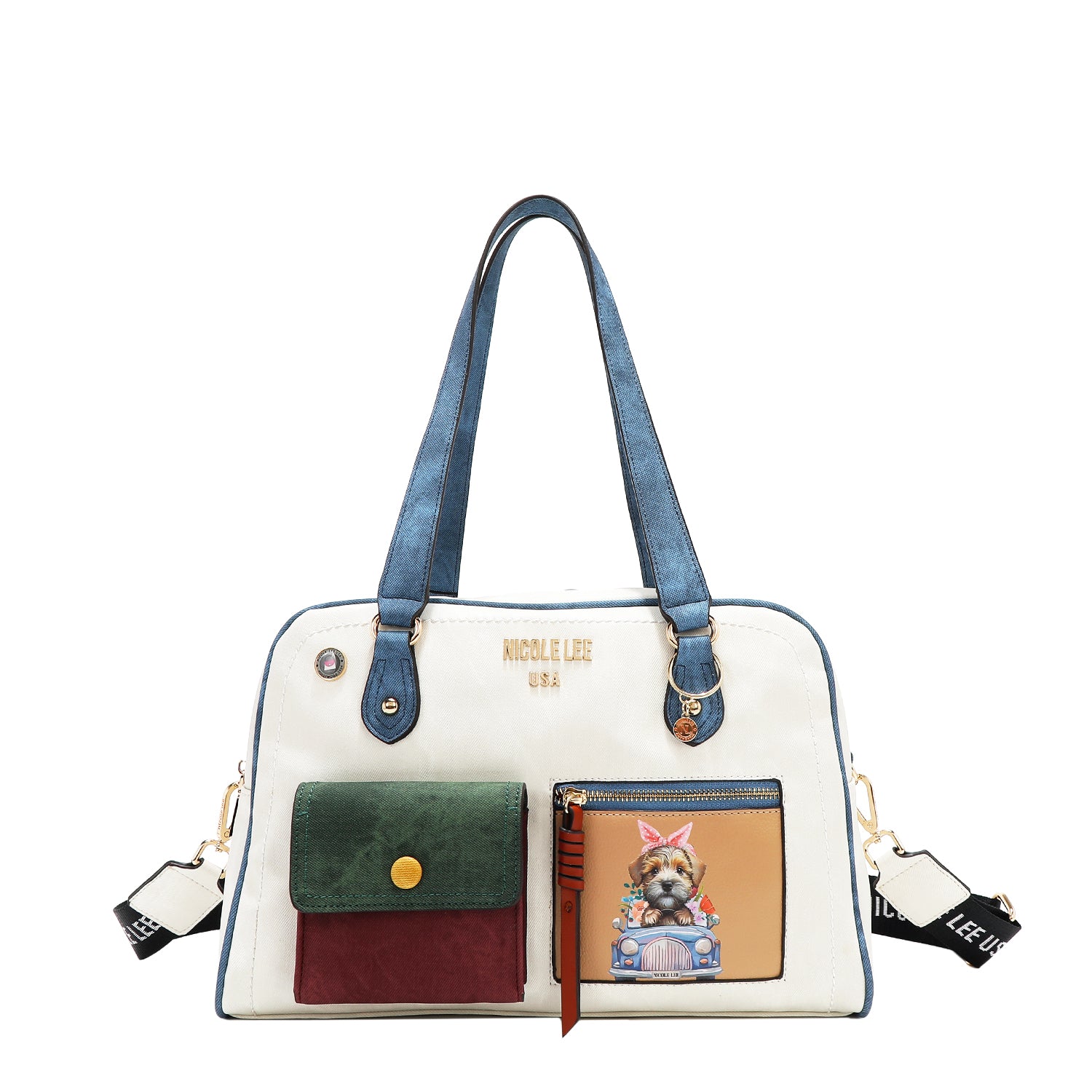 Colorblock Boston Bag with 2 Zip Compartments, Dog Print, Multiple