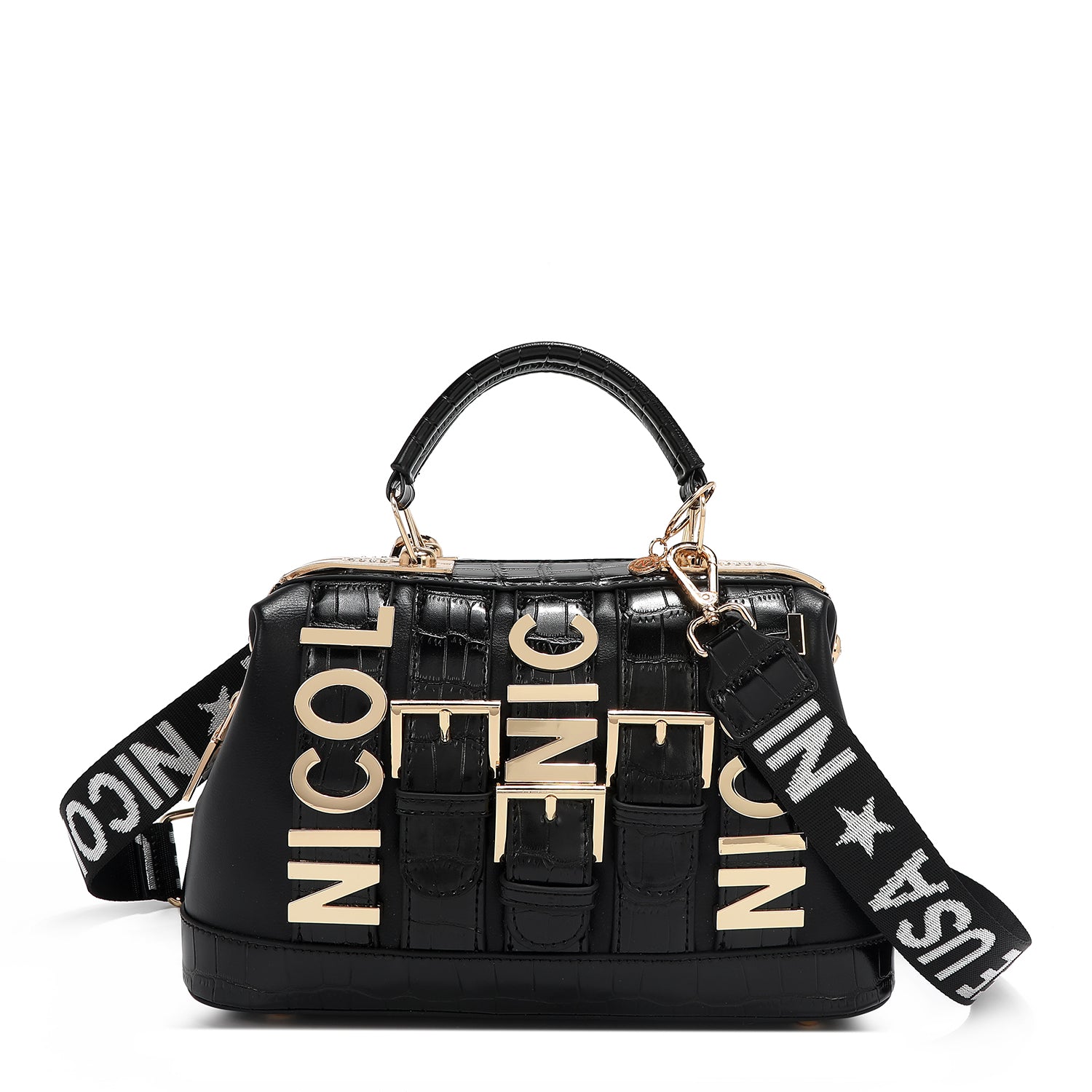 Calista Handbag, Embellished with High-shine Gold Metal Accents