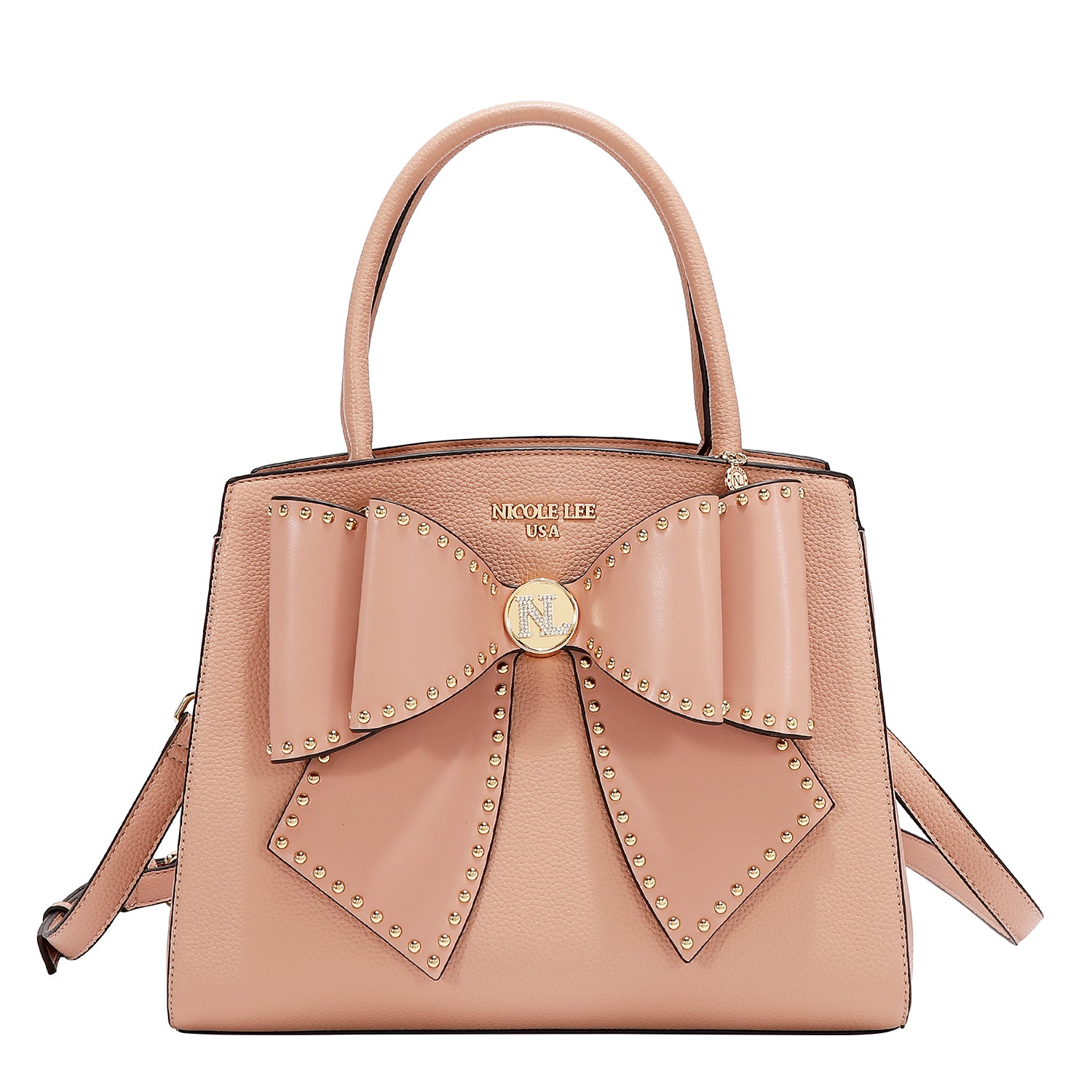 Studded Bow Satchel Bag Features Top Handles and an Optional