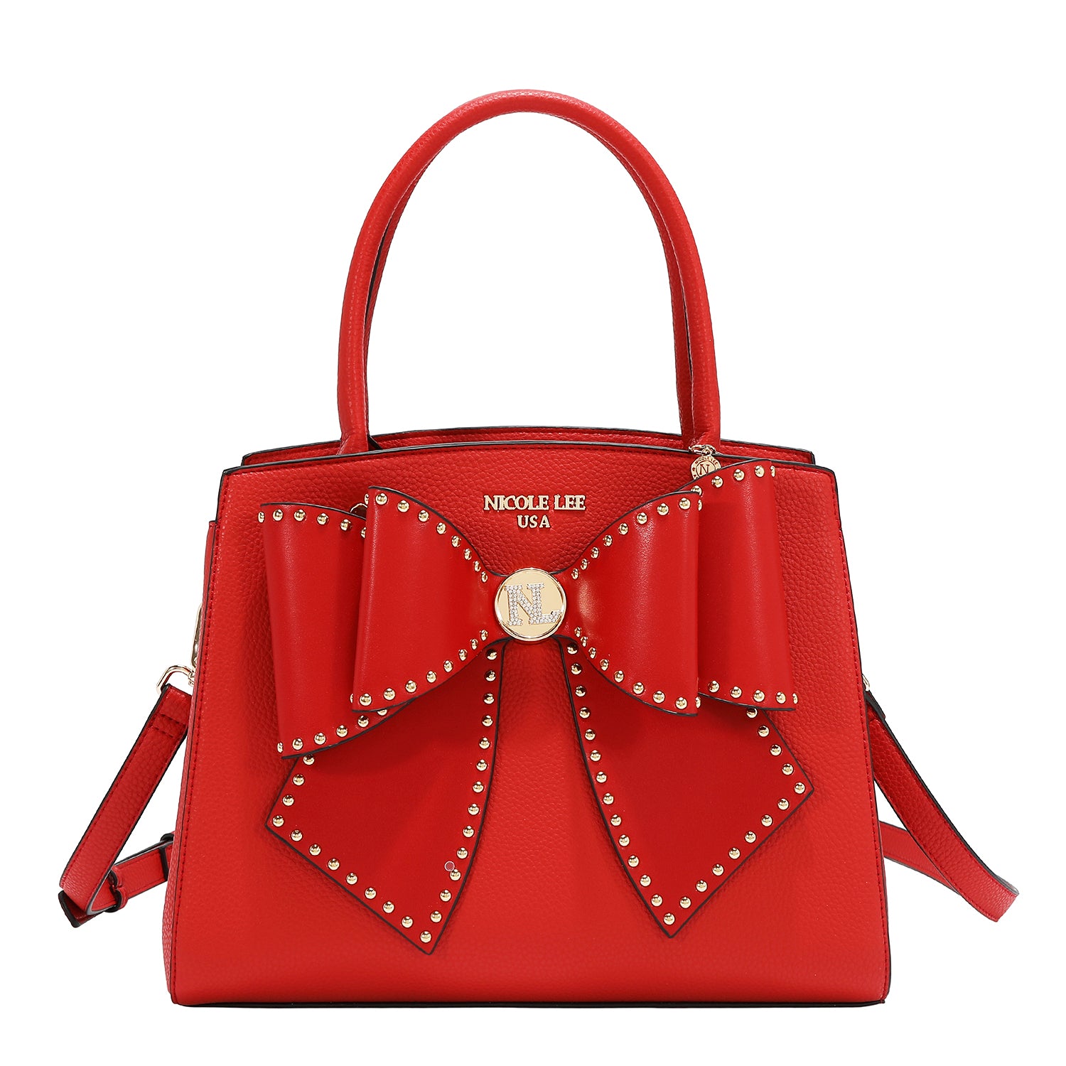 Studded Bow Satchel Bag Features Top Handles and an Optional