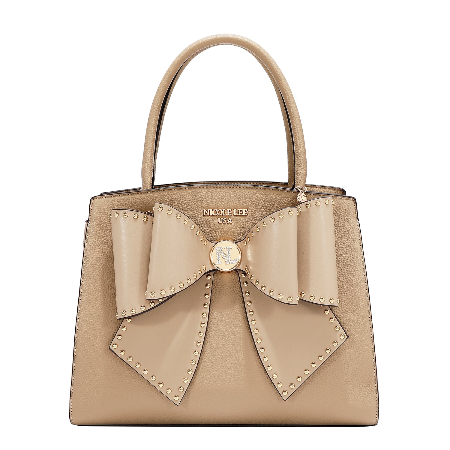 Studded Bow Satchel Bag Features Top Handles and an Optional