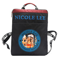 THE BACK HAS A SLIP COMPARTMENT, THE BACKGROUND IS BLACK WITH THE NICOLE LEE HOLLYWOOD SINCE 2004 LOGO IN BLUE. ON THE TOP IT HAS THE NAME NICOLE LEE IN BLUE AND ON TOP OF THE EDGE  HAS A 1 INCH STRIPE IN BURGUNDY COLOR .