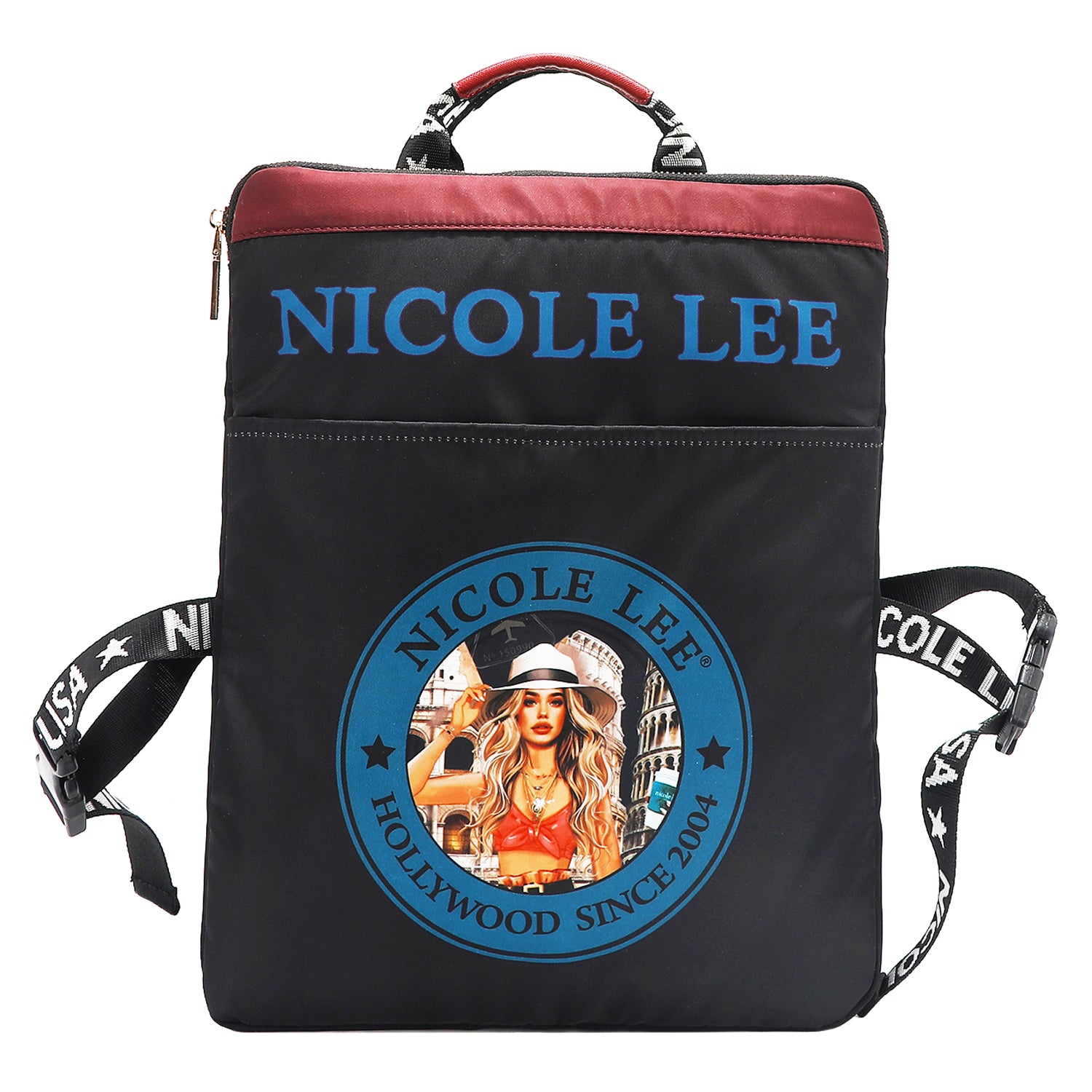 THE BACK HAS A SLIP COMPARTMENT, THE BACKGROUND IS BLACK WITH THE NICOLE LEE HOLLYWOOD SINCE 2004 LOGO IN BLUE. ON THE TOP IT HAS THE NAME NICOLE LEE IN BLUE AND ON TOP OF THE EDGE  HAS A 1 INCH STRIPE IN BURGUNDY COLOR .