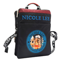 THE BACK HAS A SLIP COMPARTMENT, THE BACKGROUND IS BLACK WITH THE NICOLE LEE HOLLYWOOD SINCE 2004 LOGO IN BLUE. ON THE TOP IT HAS THE NAME NICOLE LEE IN BLUE AND ON TOP OF THE EDGE  HAS A 1 INCH STRIPE IN BURGUNDY COLOR .