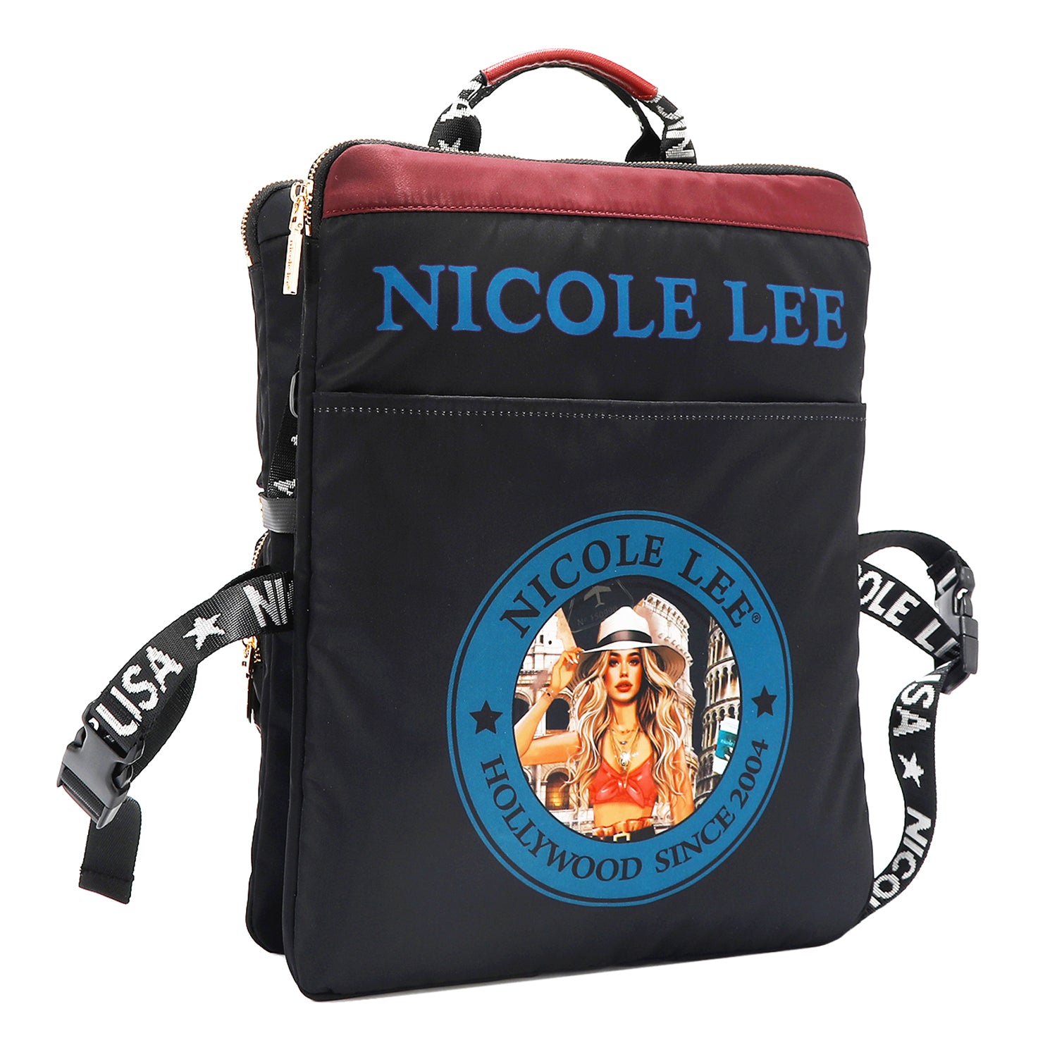 THE BACK HAS A SLIP COMPARTMENT, THE BACKGROUND IS BLACK WITH THE NICOLE LEE HOLLYWOOD SINCE 2004 LOGO IN BLUE. ON THE TOP IT HAS THE NAME NICOLE LEE IN BLUE AND ON TOP OF THE EDGE  HAS A 1 INCH STRIPE IN BURGUNDY COLOR .