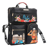 The front has 3 compartments, 1 on top and 2 below, all black background. The first one says "Italy" with colorful flowers. The bottom 2, one shows part of the colosseum in Rome Italy and leaning tower of Pisa., and the other shows a blonde girl with a cup on her hand. Side and bottom straps with snap buttons