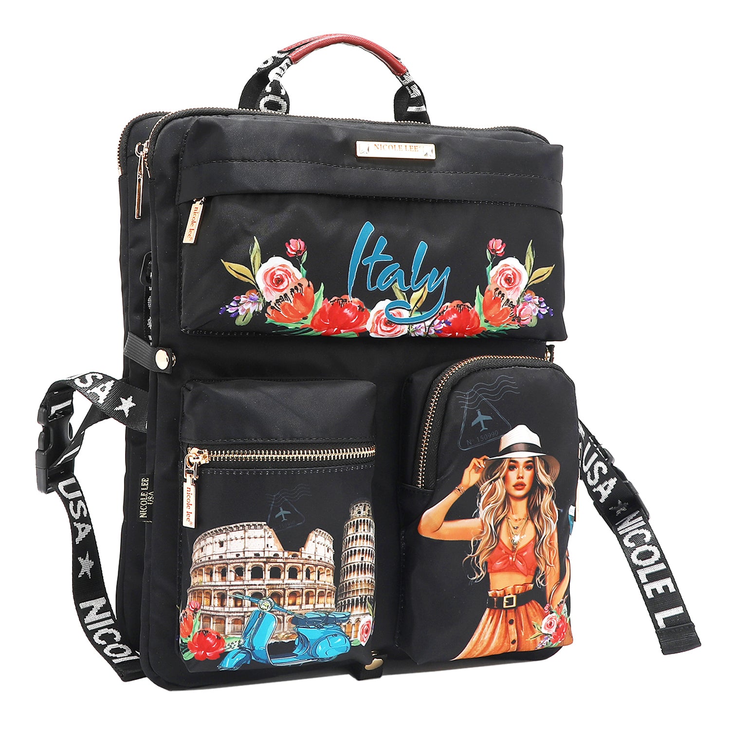 The front has 3 compartments, 1 on top and 2 below, all black background. The first one says "Italy" with colorful flowers. The bottom 2, one shows part of the colosseum in Rome Italy and leaning tower of Pisa., and the other shows a blonde girl with a cup on her hand. Side and bottom straps with snap buttons