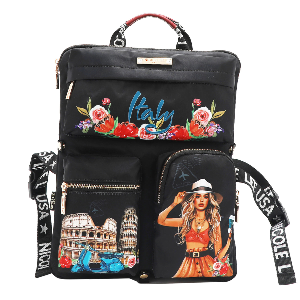 The front has 3 compartments, 1 on top and 2 below, all black background. The first one says "Italy" with colorful flowers. The bottom 2, one shows part of the colosseum in Rome Italy and leaning tower of Pisa., and the other shows a blonde girl with a cup on her hand. Side and bottom straps with snap buttons