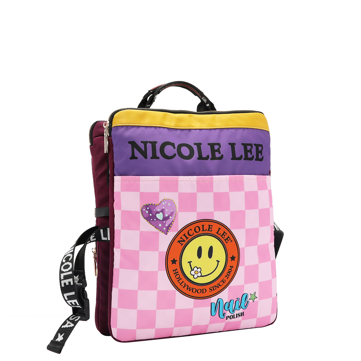 BACK OF OUR NICOLE LEE NAIL POLISH LUGGAGE HARNESS DESING HAS A PINK CHECKERED BACKGROUND WITH A SMAILE FACE IN THE MIDDLE AND A PURPLE HEART NEXT TO IT.