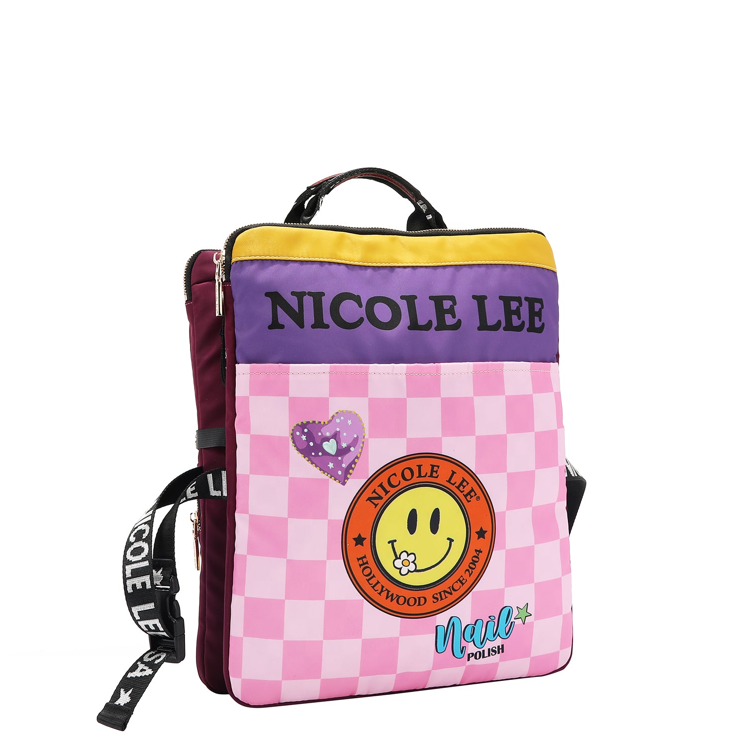 BACK OF OUR NICOLE LEE NAIL POLISH LUGGAGE HARNESS DESING HAS A PINK CHECKERED BACKGROUND WITH A SMAILE FACE IN THE MIDDLE AND A PURPLE HEART NEXT TO IT.