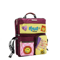 The front has 3 compartments, 1 on top and 2 below. The first one says "Nail Polish" in a yellow background with a purple heart and smile face,. The bottom 2 has a pink checkered background with a smile face and the other with our Nail polish design , a hand with colorful nail polish embellished with rings and a quote that says "DO IT WITH STYLE"