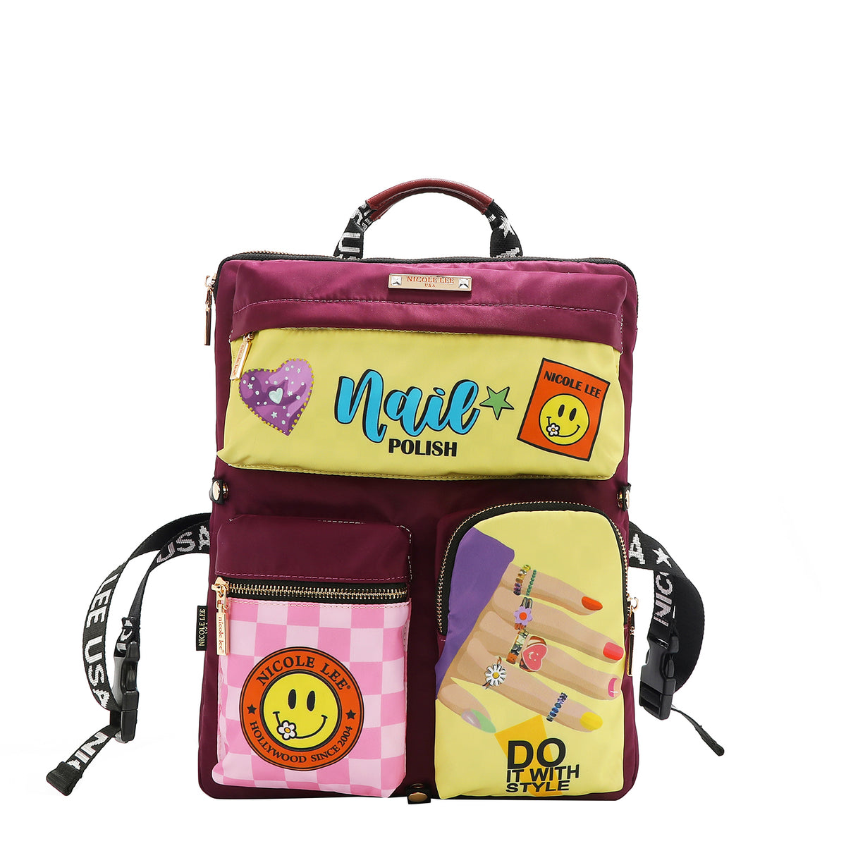 The front has 3 compartments, 1 on top and 2 below. The first one says "Nail Polish" in a yellow background with a purple heart and smile face,. The bottom 2 has a pink checkered background with a smile face and the other with our Nail polish design , a hand with colorful nail polish embellished with rings and a quote that says "DO IT WITH STYLE"