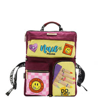 The front has 3 compartments, 1 on top and 2 below. The first one says "Nail Polish" in a yellow background with a purple heart and smile face,. The bottom 2 has a pink checkered background with a smile face and the other with our Nail polish design , a hand with colorful nail polish embellished with rings and a quote that says "DO IT WITH STYLE"