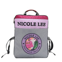THE BACK HAS A SLIP COMPARTMENT, THE BACKGROUND IS GRAY WITH THE NICOLE LEE HOLLYWOOD SINCE 2004 LOGO. ON THE TOP IT HAS THE NAME NICOLE LEE WITH A PURPLE BACKGROUND.