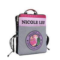 THE BACK HAS A SLIP COMPARTMENT, THE BACKGROUND IS GRAY WITH THE NICOLE LEE HOLLYWOOD SINCE 2004 LOGO. ON THE TOP IT HAS THE NAME NICOLE LEE WITH A PURPLE BACKGROUND.