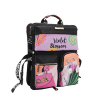 The front/side picture showing 3 compartments, 1 on top and 2 below and The front has 3 compartments, Logo webbed dual top handles. Side and bottom straps with snap buttons.