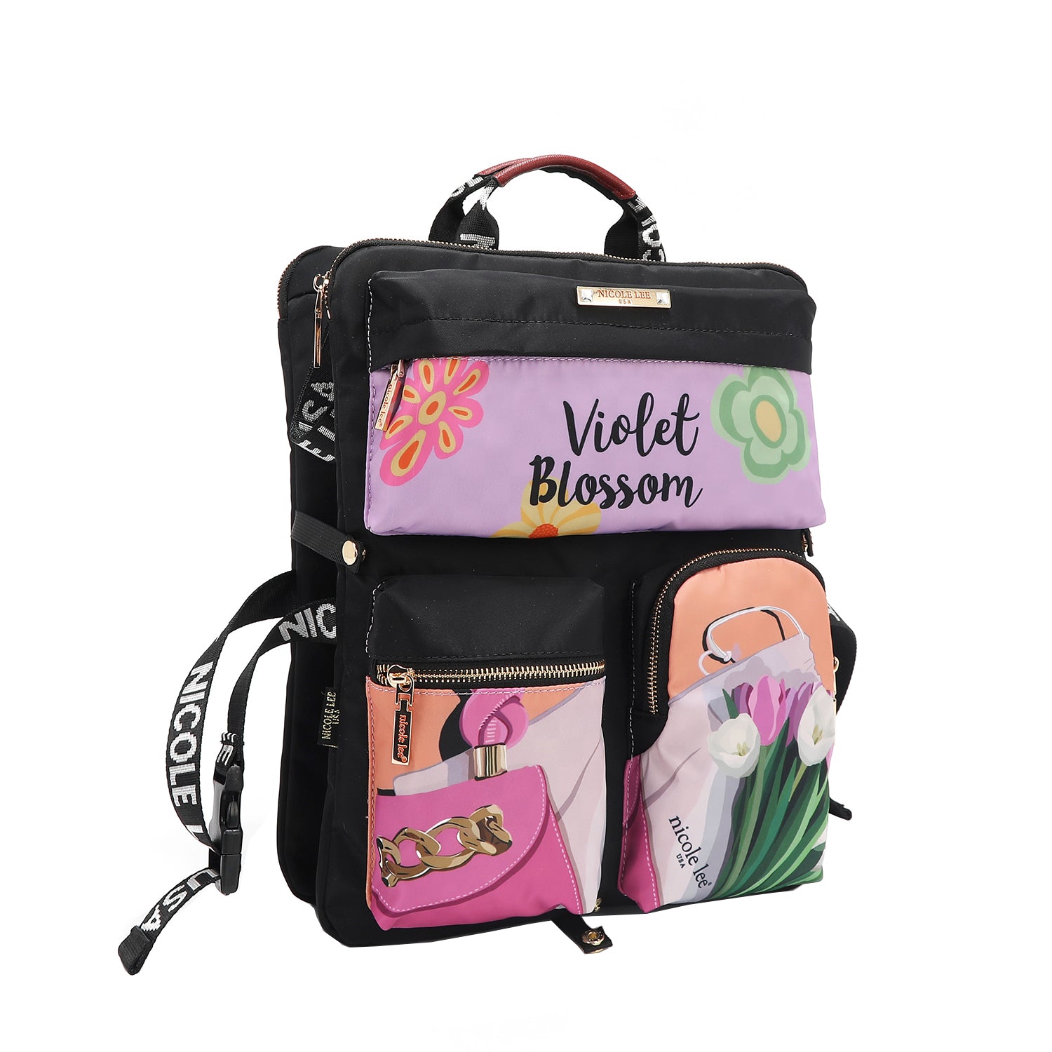 The front/side picture showing 3 compartments, 1 on top and 2 below and The front has 3 compartments, Logo webbed dual top handles. Side and bottom straps with snap buttons.