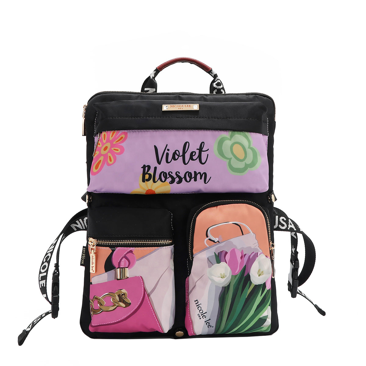 The front has 3 compartments, 1 on top and 2 below. The first one says "VIOLET BLOSSOM" with a purple background and 3 flowers: green, pink, and yellow. The bottom 2 have a peach background, one shows part of a purse, and the other shows a bouquet of white, purple, and pink tulips and has the words of Nicole Lee Usa on the corner. Logo webbed dual top handles