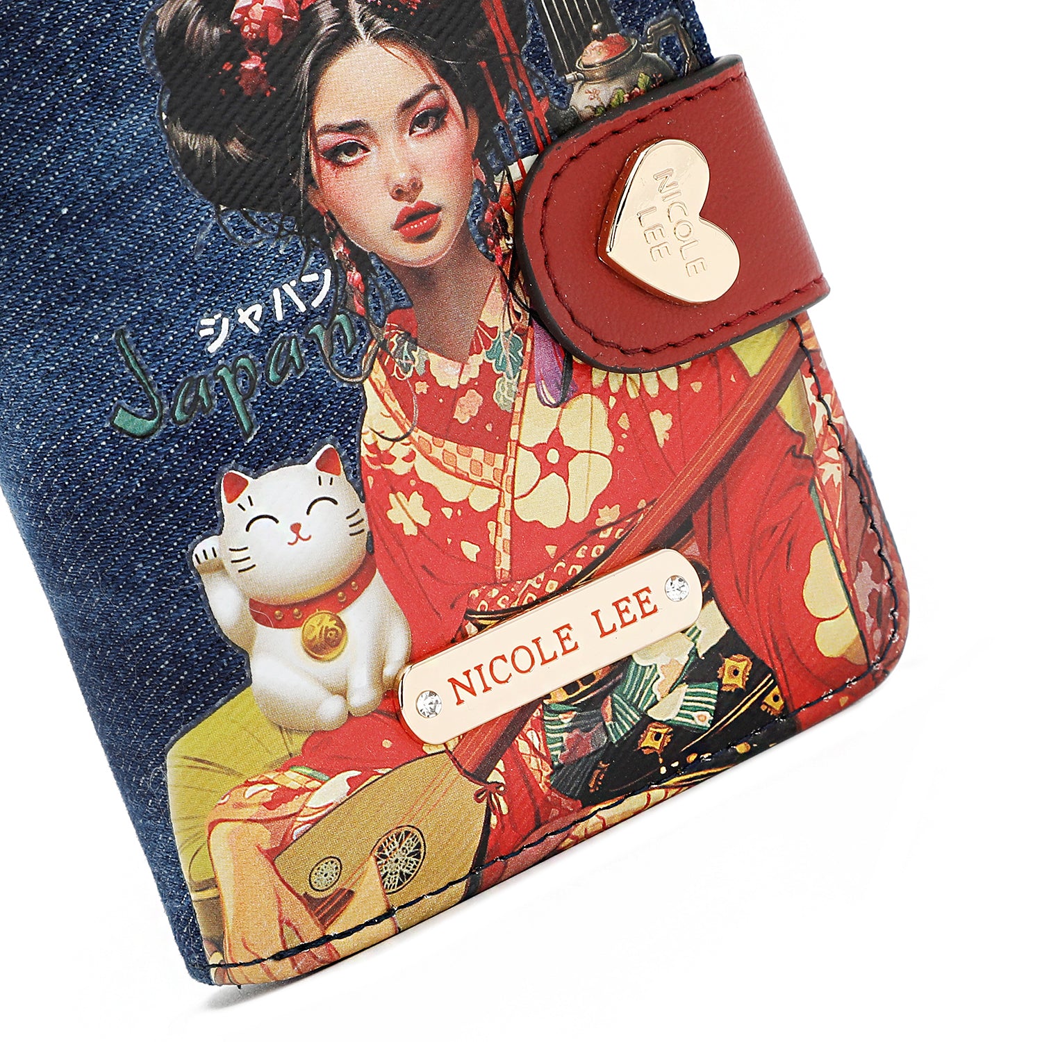 Denim and Vegan Leather RFID Heart Bifold Wallet, Fashion Print
