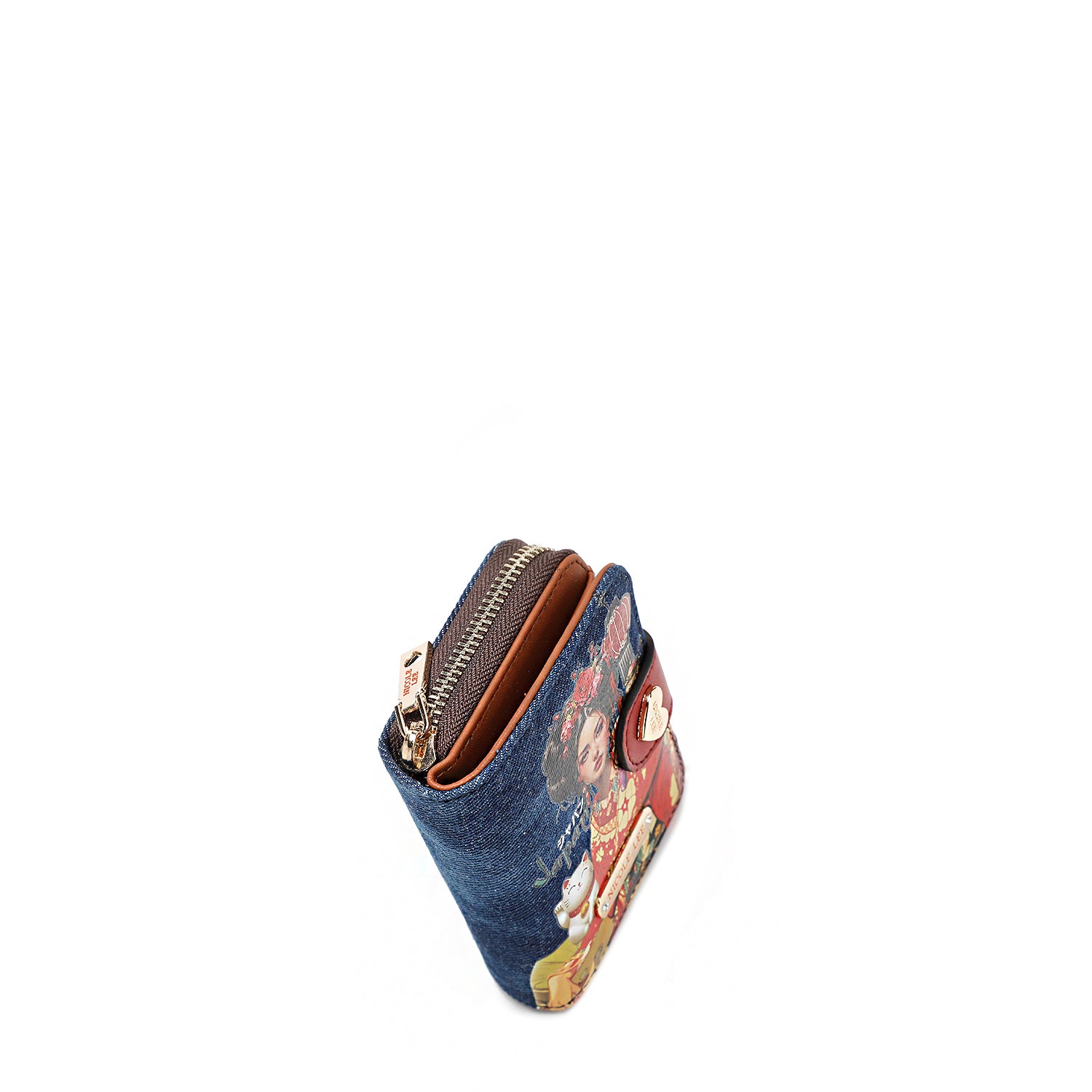 Denim and Vegan Leather RFID Heart Bifold Wallet, Fashion Print