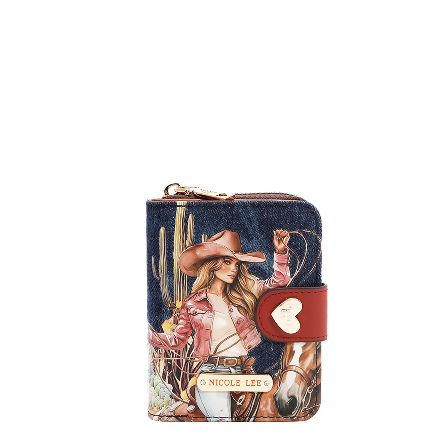 Denim and Vegan Leather RFID Heart Bifold Wallet, Fashion Print Denim and Vegan Leather RFID Heart Bifold Wallet, Fashion Print