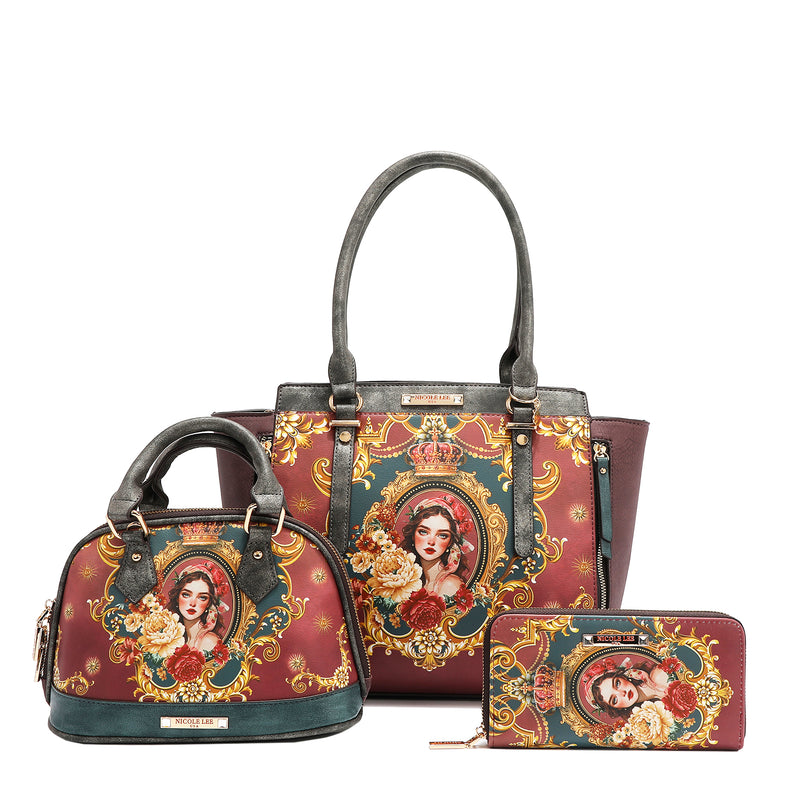 The Queen 3-piece vegan leather handbag set is the epitome of elegance and versatility. Featuring a large handbag, a small crossbody, and a zip wallet, each piece is adorned with the stunning Queen print. This multifunctional set effortlessly combines style and functionality, offering a luxurious way to stay organized and make a statement. Metallic shimmer effect in a gray, burgundy red, and dark teal color way. 