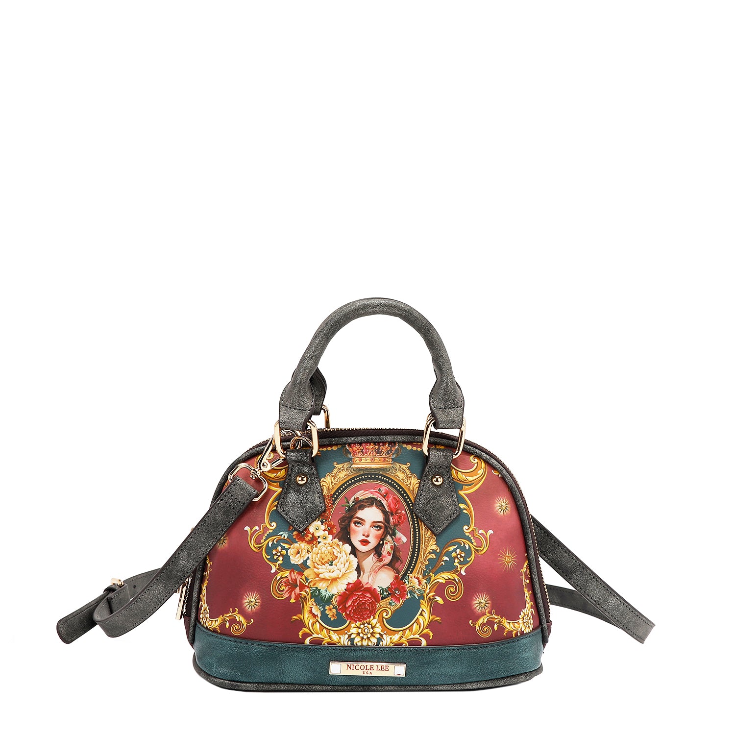 Vegan leather the Queen dome-shaped crossbody with optional shoulder strap attached, part of THE QUEEN 3 PIECE SET (Handbag, Crossbody, Wallet). A captivating and stunning baroque-inspired print of a style queen fit for the royal family. Burgundy red and dark teal colorway with gray accents finished with a  subtle metallic effect for a touch of shimmer wherever you go. Dual top handles and two-way main zip closure.