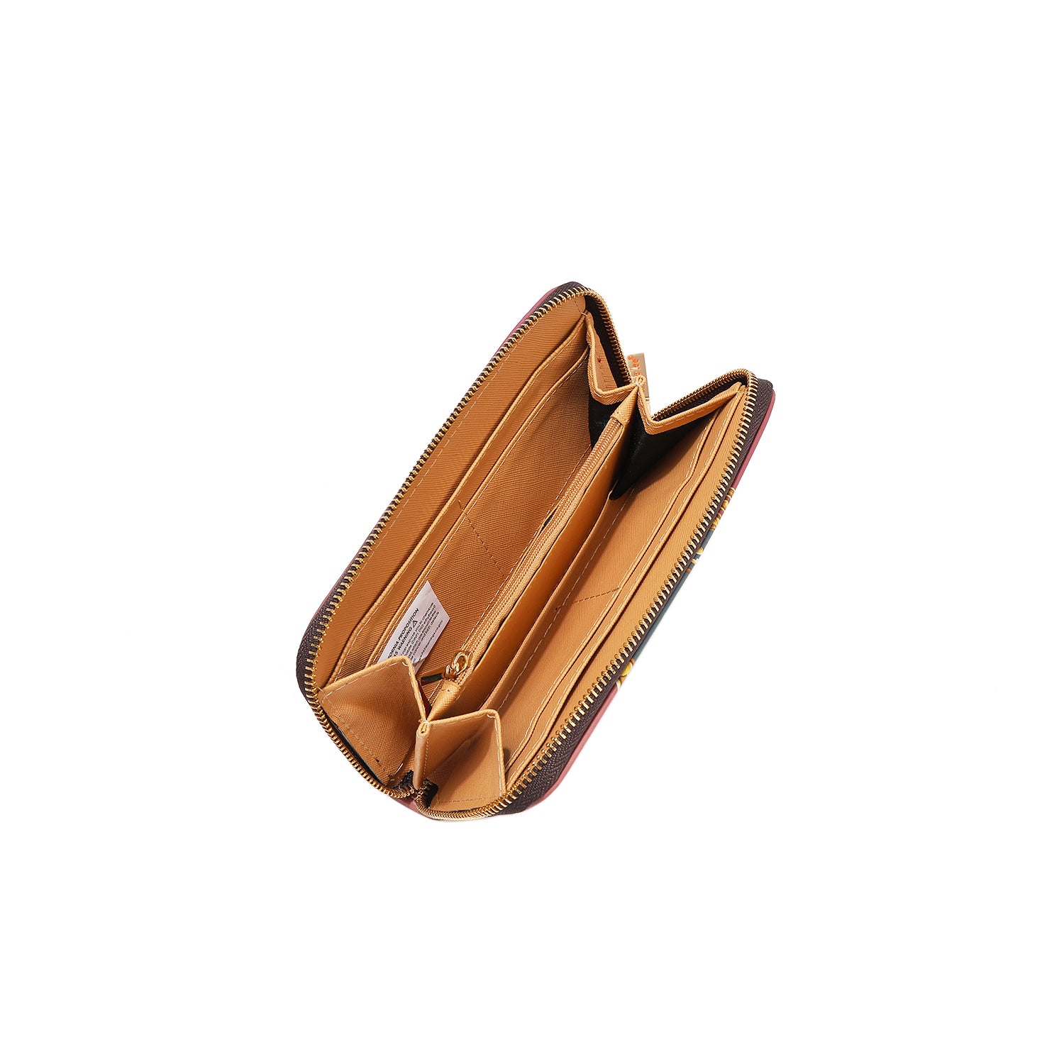 Interior of The Queen zip wallet part of THE QUEEN 3 PIECE SET (Handbag, Crossbody, Wallet). Solid interior brown lining with multiple card and bill slots and center interior zip coin compartment for organization. 