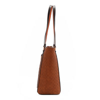 Our Nicole Lee Sun and Sand Tote bag in Brown handbag with woven pattern set on a white background