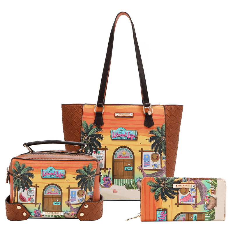 SUN AND SAND 3 PIECE set of three bags with a tropical design featuring palm trees and colorful graphics set on a white background.