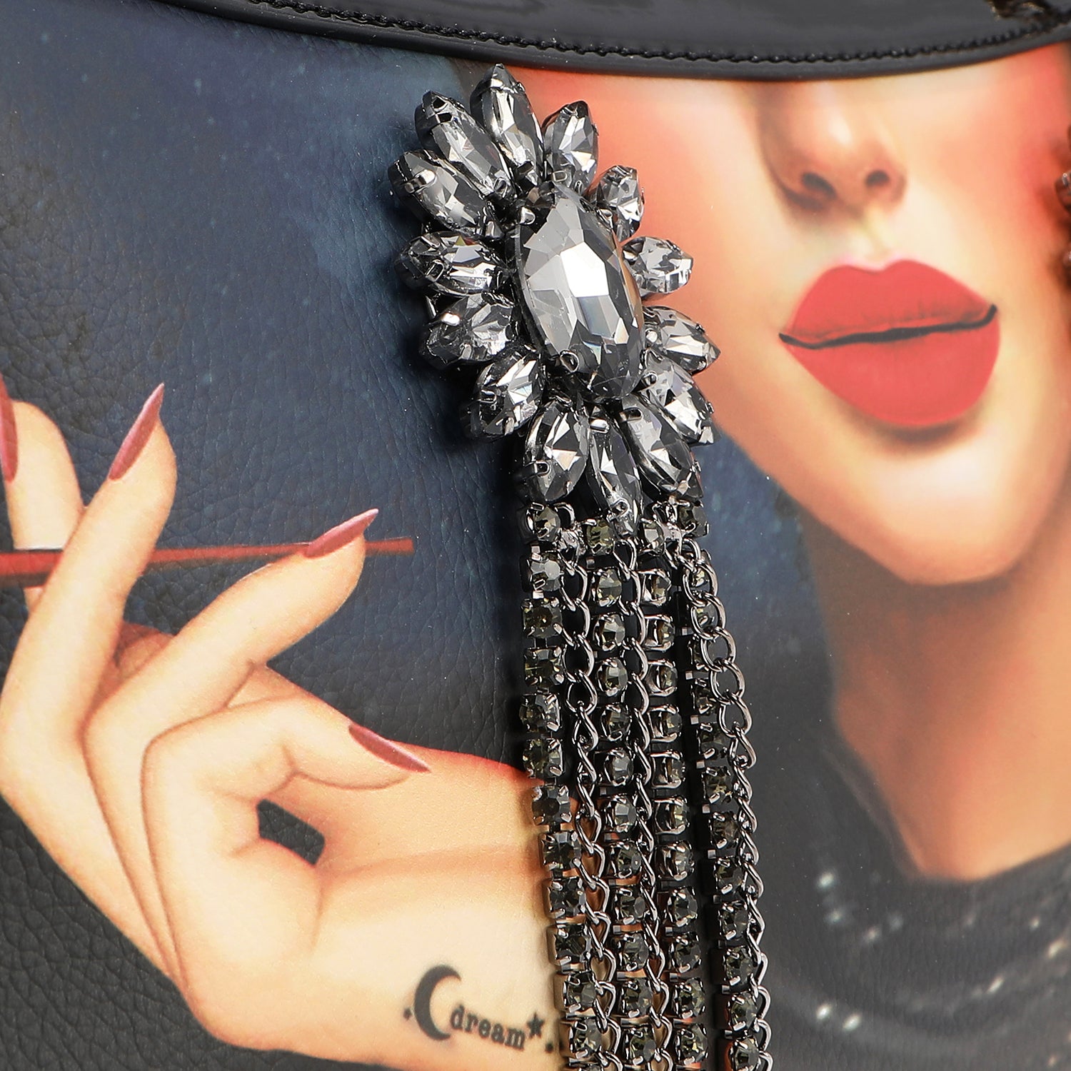 Belleza Wide Handbag Embellished with Large Rhinestone Dangling