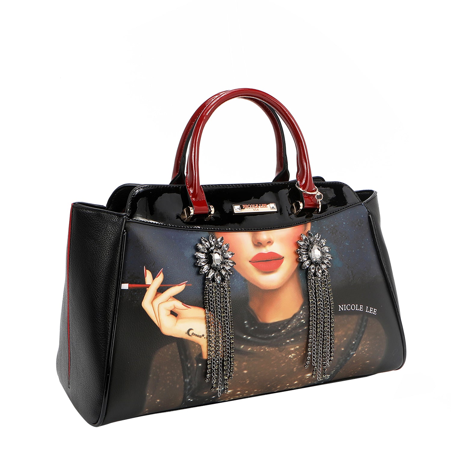 Belleza Wide Handbag Embellished with Large Rhinestone Dangling
