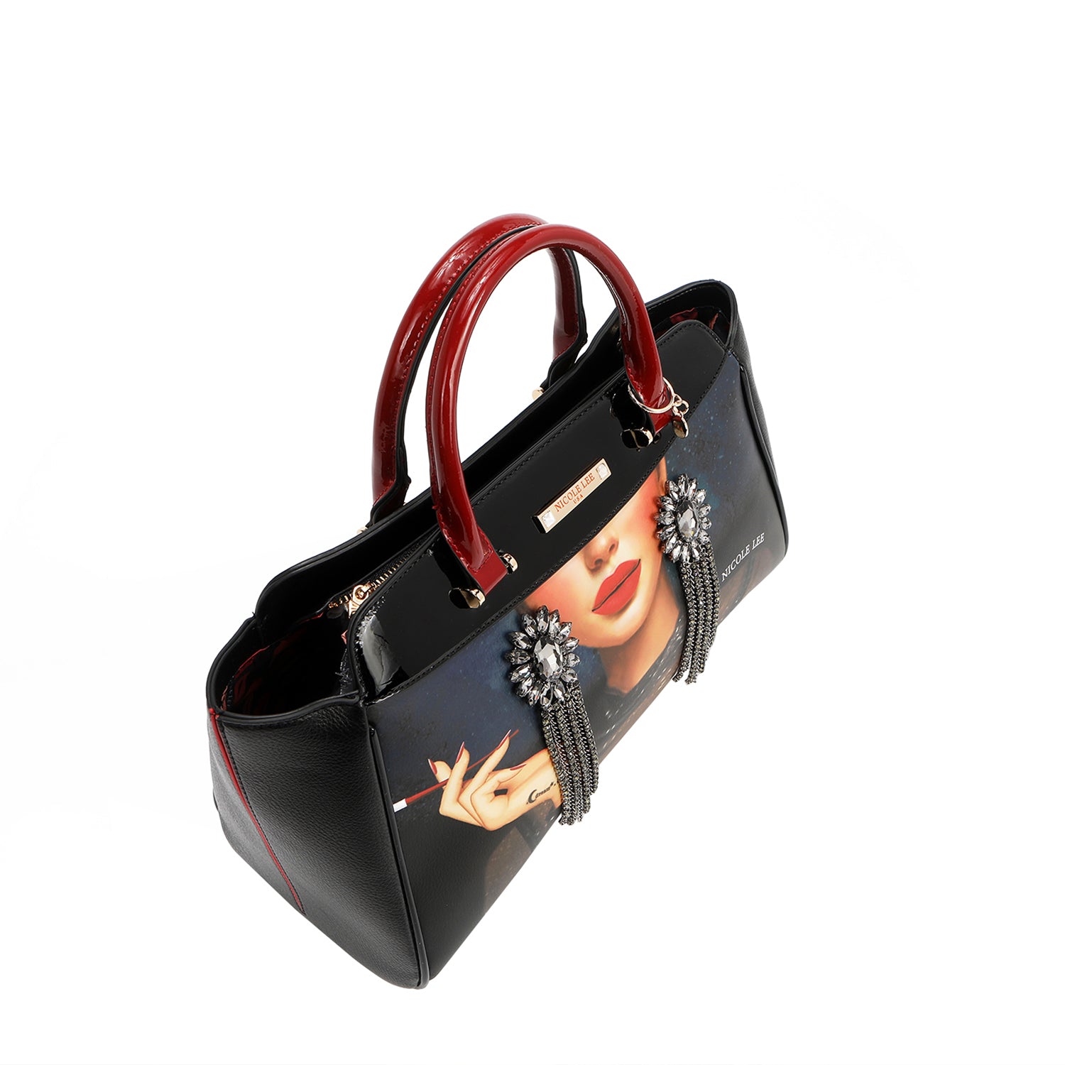 Belleza Wide Handbag Embellished with Large Rhinestone Dangling