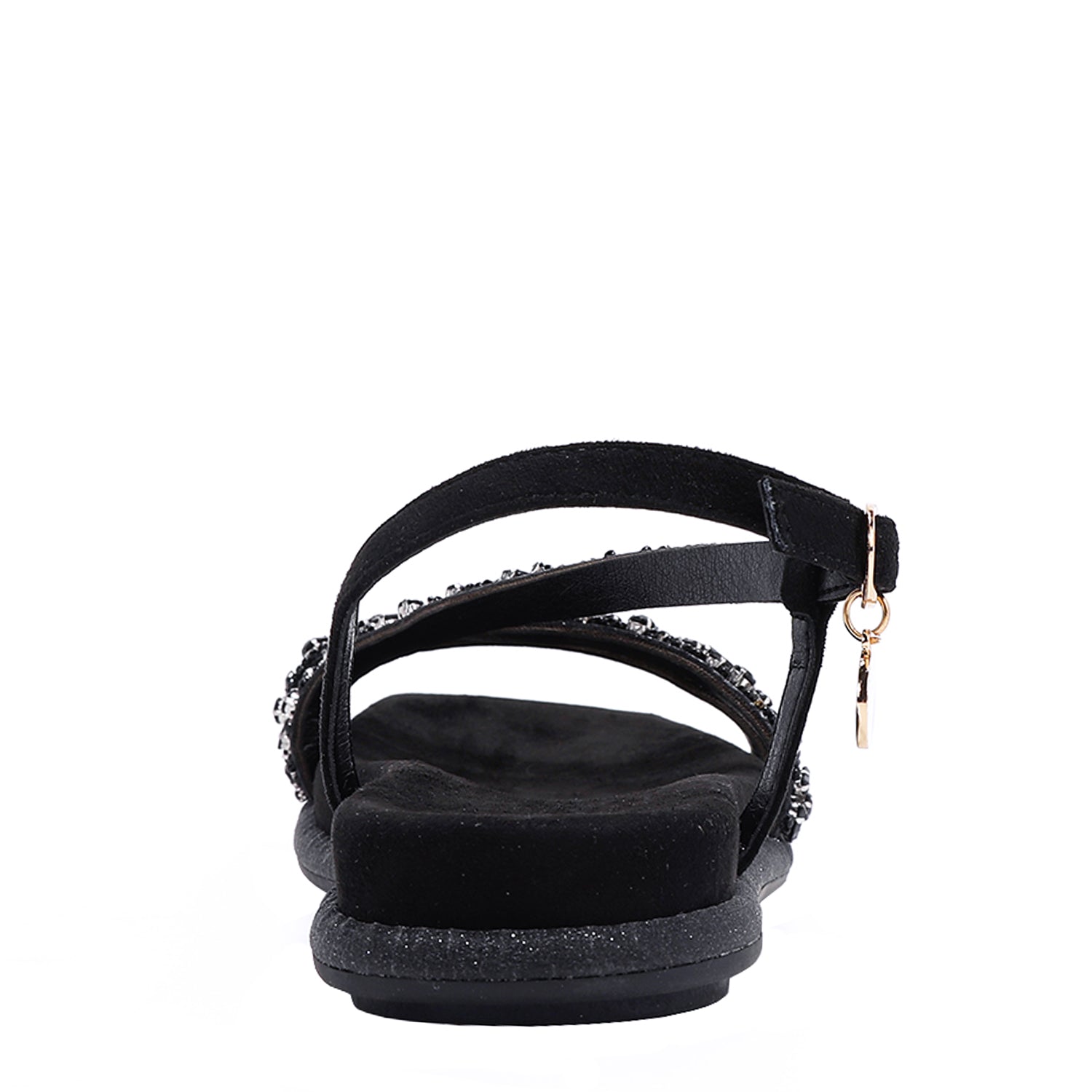 OUR DANI RHINESTONE SANDAL IN BLACK EMBELLISHED WITH A ADJUSTABLE BUCKLE CLOSURE. SUEDE UPPER AND INSOLE. OPEN TOE AND RUBBER OUTSOLE