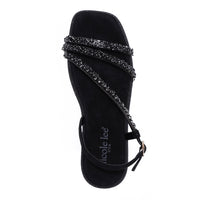 A VIEW FROM ABOVE OUR DANI RHINESTONE SANDAL IN COLOR BLACK.