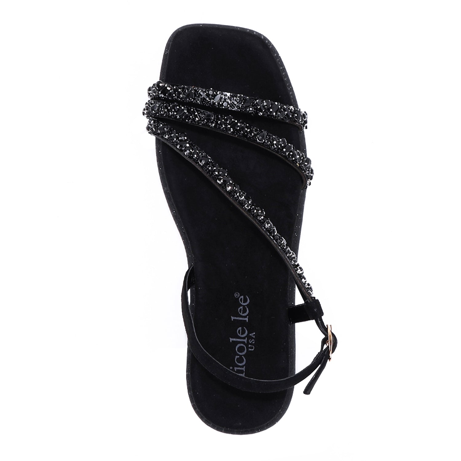 A VIEW FROM ABOVE OUR DANI RHINESTONE SANDAL IN COLOR BLACK.