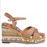BONNIE ESPADRILLE WEDGE SANDAL IN BEIGE COLOR. FEATURING A STUNING  MIX OF  MATERIAL SUCH AS WOVEN, RHINESTONES AND FLORAL PRINT ON THE EDGE OF THE INSOLE. HAS A VARIATION OF COLOR ON THE WEDGE SUCH AS YELLOW MUSTARD, GOLD RHINESTONES. CRISSCROSS SUEDE STRAPS. ADJUSTABLE ANKLE STRAP WITH A NICOLE LEE CHARM. 