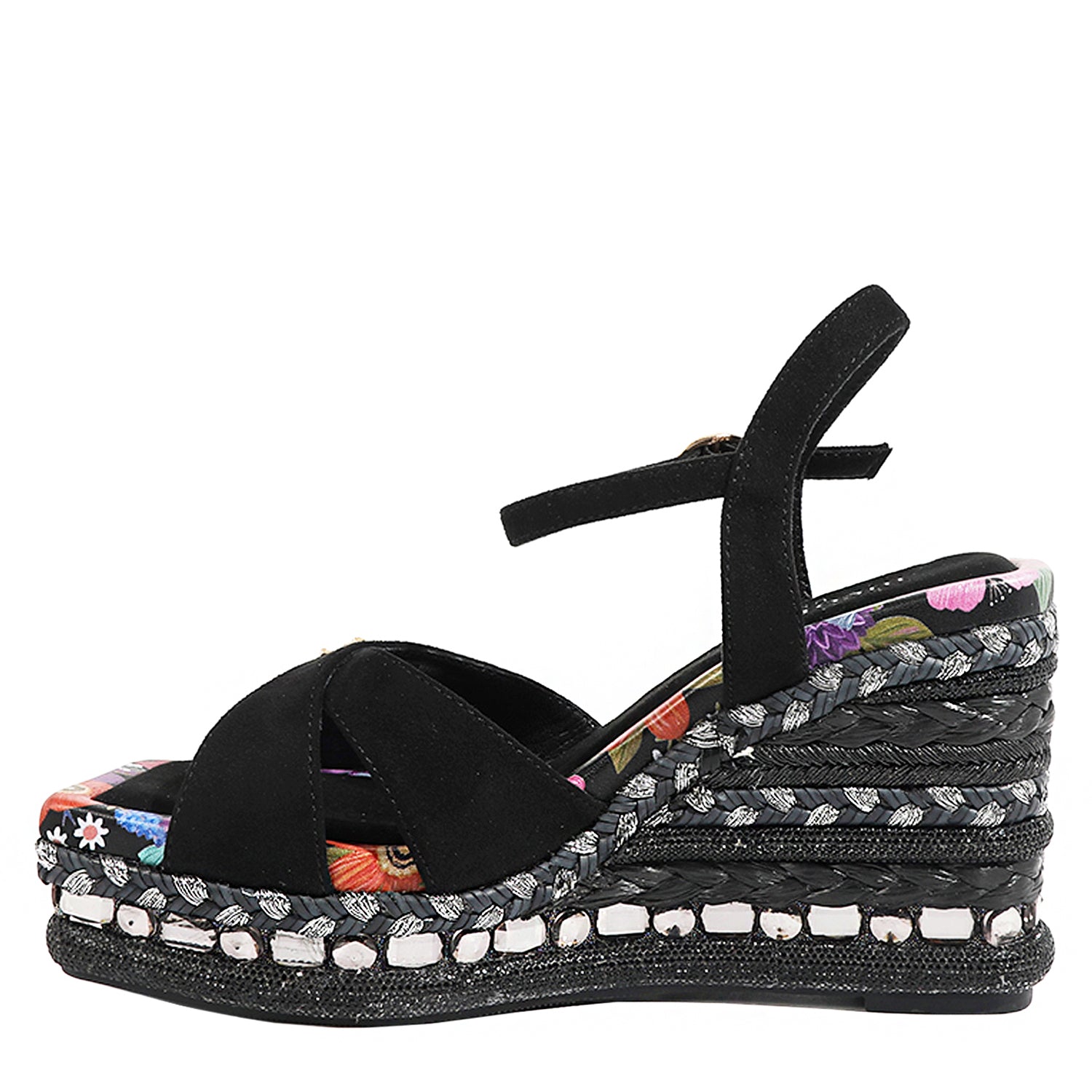 BONNIE ESPADRILLE WEDGE SANDAL IN BLACK COLOR. FEATURING A STUNING  MIX OF  MATERIAL SUCH AS WOVEN, RHINESTONES AND FLORAL PRINT ON HE EDGE OF THE INSOLE. CRISSCROSS SUEDE STRAPS. ADJUSTABLE ANKLE STRAP WITH A NICOLE LEE CHARM. 