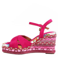 BONNIE ESPADRILLE WEDGE SANDAL IN HOT PINK COLOR. FEATURING A STUNING  MIX OF  MATERIAL SUCH AS WOVEN, RHINESTONES AND FLORAL PRINT ON HE EDGE OF THE INSOLE. CRISSCROSS SUEDE STRAPS. ADJUSTABLE ANKLE STRAP WITH A NICOLE LEE CHARM. 