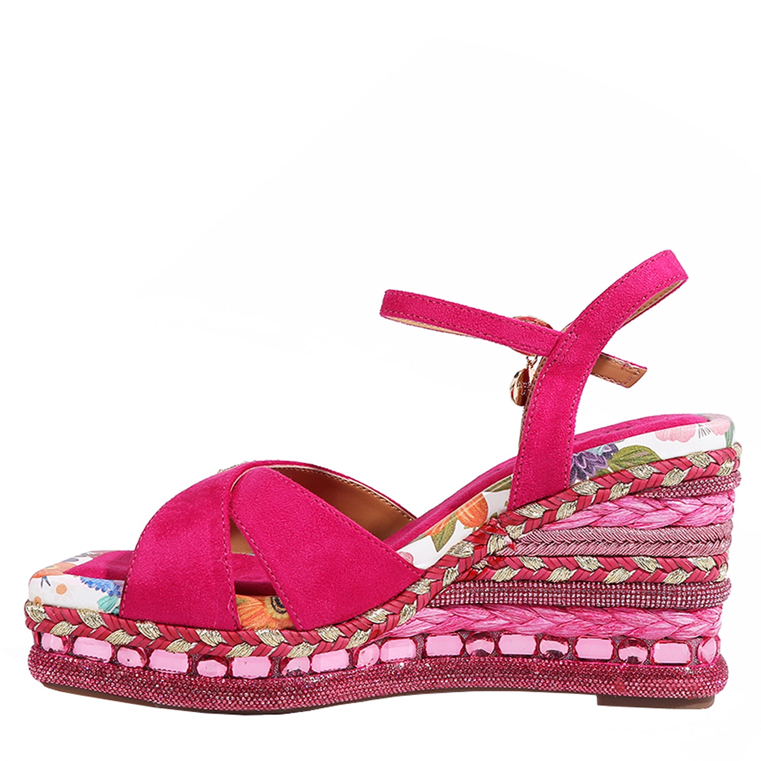 BONNIE ESPADRILLE WEDGE SANDAL IN HOT PINK COLOR. FEATURING A STUNING  MIX OF  MATERIAL SUCH AS WOVEN, RHINESTONES AND FLORAL PRINT ON HE EDGE OF THE INSOLE. CRISSCROSS SUEDE STRAPS. ADJUSTABLE ANKLE STRAP WITH A NICOLE LEE CHARM. 