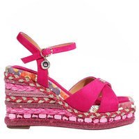 BONNIE ESPADRILLE WEDGE SANDAL IN HOTPINK COLOR. FEATURING A STUNING  MIX OF  MATERIAL SUCH AS WOVEN, RHINESTONES AND FLORAL PRINT ON THE EDGE OF THE INSOLE.  CRISSCROSS SUEDE STRAPS. ADJUSTABLE ANKLE STRAP WITH A NICOLE LEE CHARM. 
