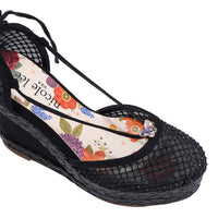 MAYA WRAP ESPADRILLE WEDGE SANDAL FRONT VIEW. REFINED RHINESTONE MESH CLOSED TOE CAP WITH A FLORAL PRINT INSOLE