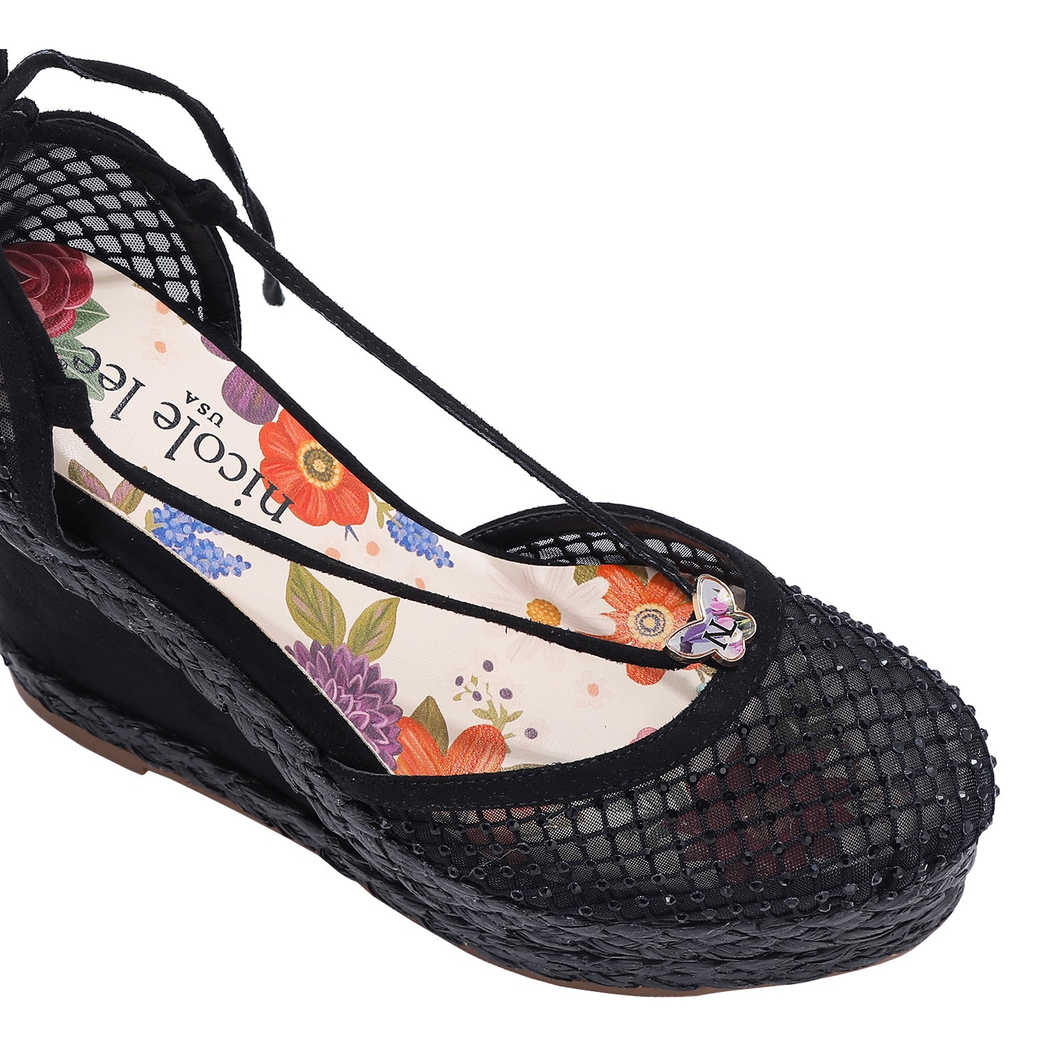 MAYA WRAP ESPADRILLE WEDGE SANDAL FRONT VIEW. REFINED RHINESTONE MESH CLOSED TOE CAP WITH A FLORAL PRINT INSOLE