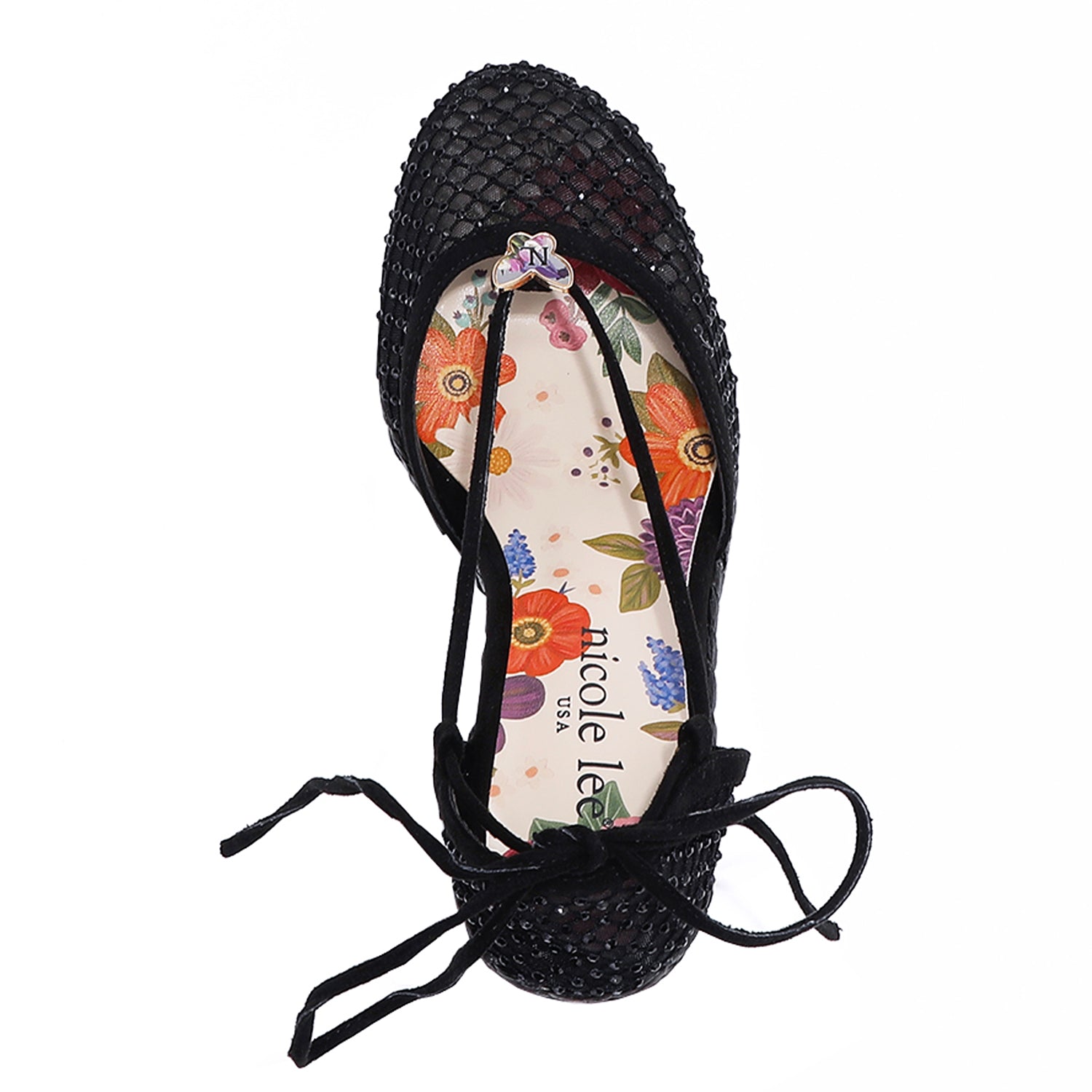 MAYA WRAP ESPADRILLE WEDGE SANDAL FROM A VIEW FROM ABOVE. FEATURES RHINESTONE MESH TOE CAP. TWO STRAPS THAT ARE TIED IN A BOW SHAPE.  THE INSOLE HAS A FLORAL PRINT.
