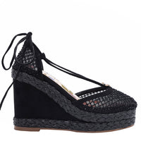 MAYA WRAP ESPADRILLE WEDGE SANDAL IN COLOR BLACK. RHINESTONE MESH TOE CAP AND A BRAIDED TRIM PLATFORM. IT HAS TWO STRAPS WHERE YOU CAN TIE IT ON THE BACK OF THE ANKLE.