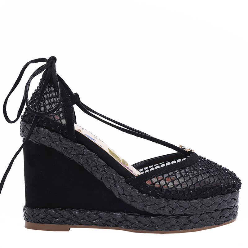 MAYA WRAP ESPADRILLE WEDGE SANDAL IN COLOR BLACK. RHINESTONE MESH TOE CAP AND A BRAIDED TRIM PLATFORM. IT HAS TWO STRAPS WHERE YOU CAN TIE IT ON THE BACK OF THE ANKLE.