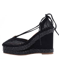 MAYA WRAP ESPADRILLE WEDGE SANDAL IN COLOR BLACK. RHINESTONE MESH TOE CAP AND A BRAIDED TRIM PLATFORM. IT HAS TWO STRAPS WHERE YOU CAN TIE IT ON THE BACK OF THE ANKLE.